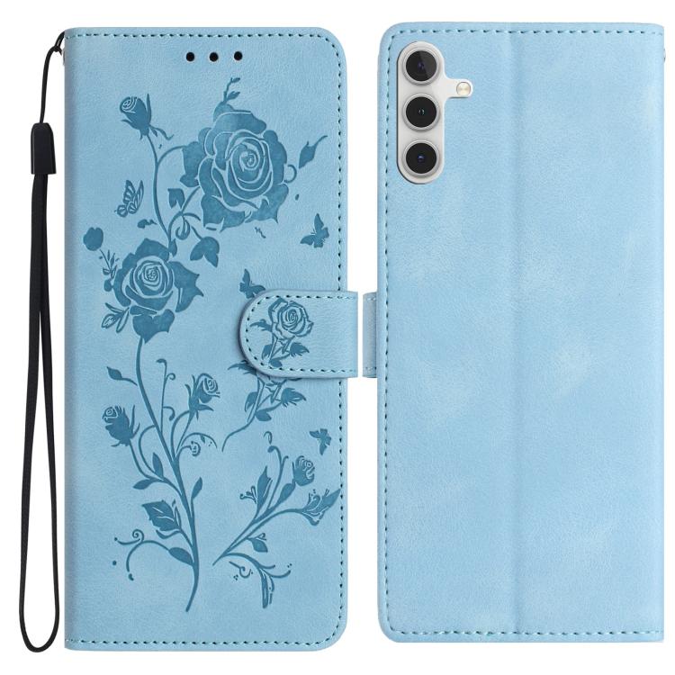 Funda de piel con estampado floral en relieve para Samsung Galaxy A54 (azul cielo)