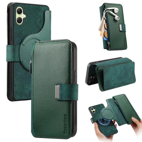 Funda Neo MagSafe RFID antirrobo con cremallera para Samsung Galaxy A06, de cuero estilo retro (verde)