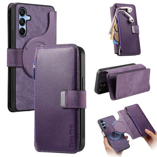 Funda Neo MagSafe RFID antirrobo con cremallera para Samsung Galaxy A16, de cuero estilo retro (morado)
