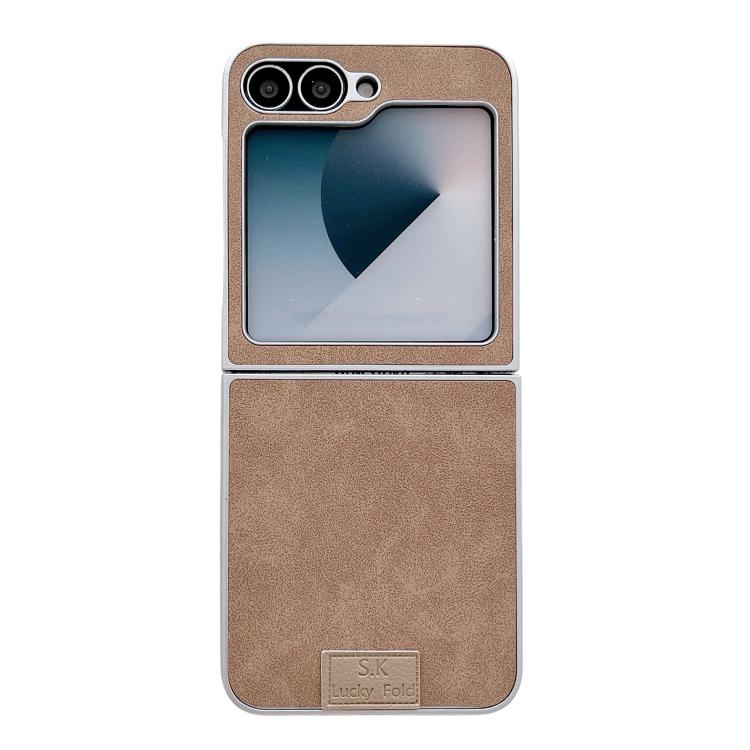 Funda de piel de cordero y corcho para Samsung Galaxy Z Flip5 5G, color marrón (borde plateado)