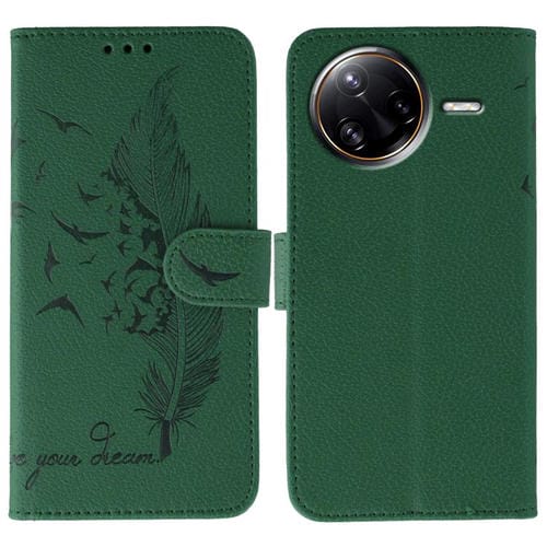 Funda de cuero con textura de lichi y estampado de plumas para Xiaomi Poco F7 Ultra / Redmi K80 Pro (verde)