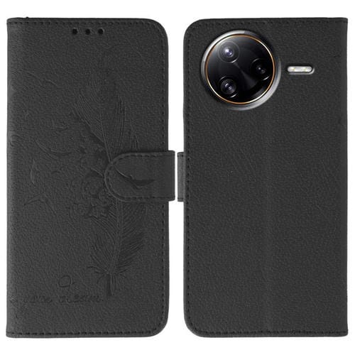 Funda de cuero con textura de lichi y estampado de plumas para Xiaomi Poco F7 Ultra / Redmi K80 Pro (negro)