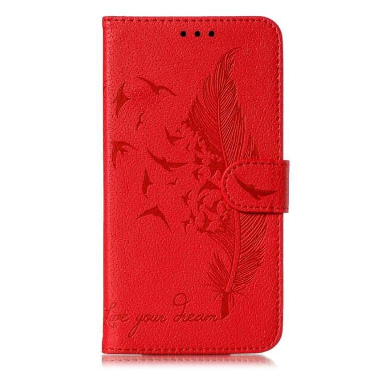 Funda de cuero con textura de lichi y estampado de plumas para Xiaomi 14T Pro (roja)