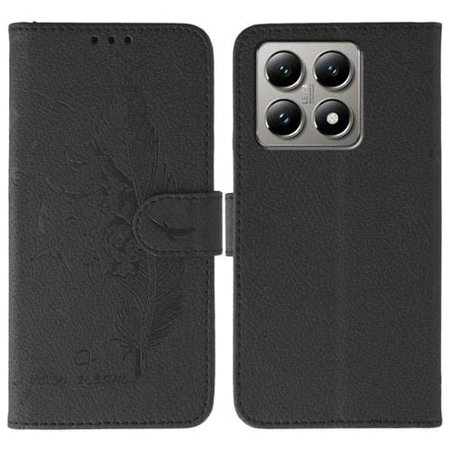 Funda de cuero con textura de lichi y estampado de plumas para Xiaomi 14T Pro (negra)