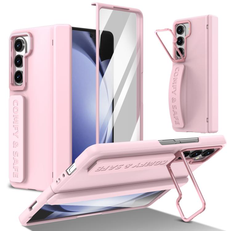 Funda para teléfono con soporte para lente integrada y correa para Samsung Galaxy Z Fold5 (rosa)