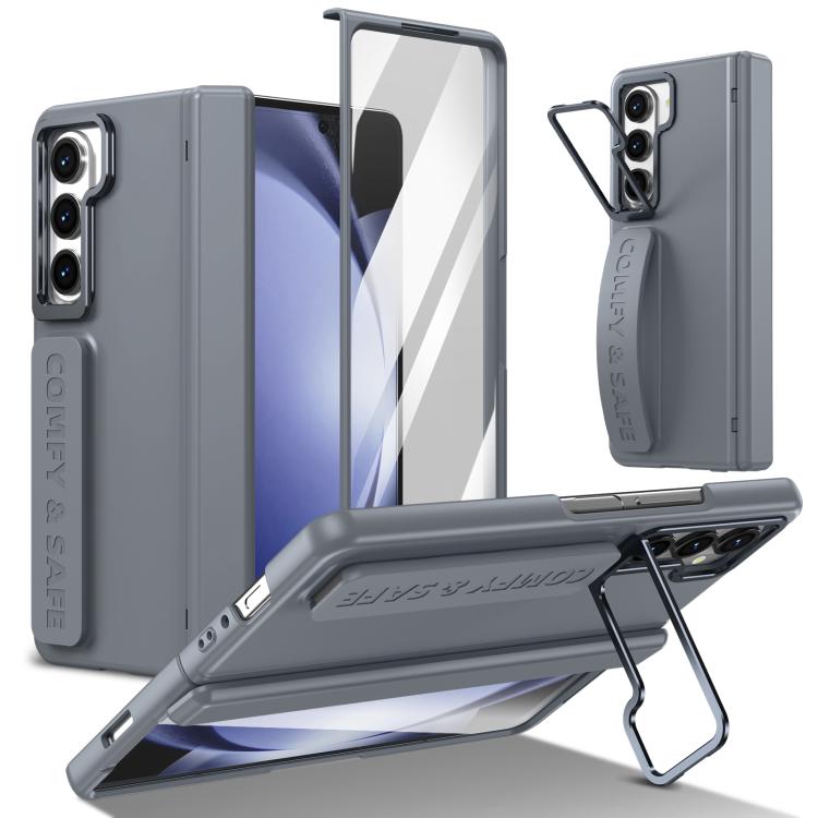 Funda para teléfono con soporte para lente integrada y correa para Samsung Galaxy Z Fold5 (gris)