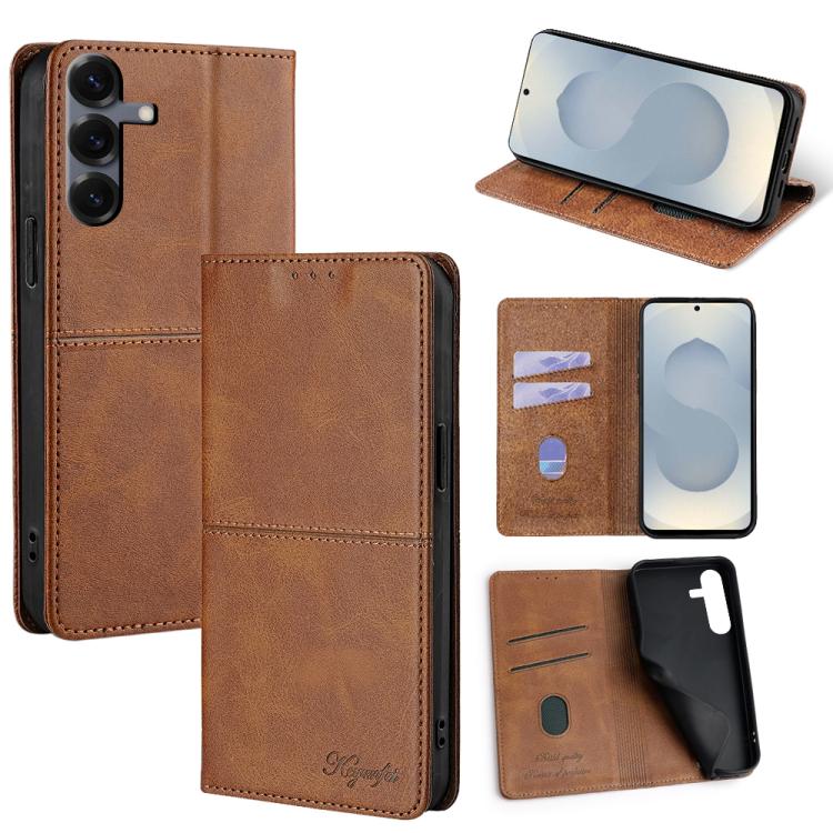 Funda magnética de cuero con textura de vaca para Samsung Galaxy S25 5G (marrón claro)