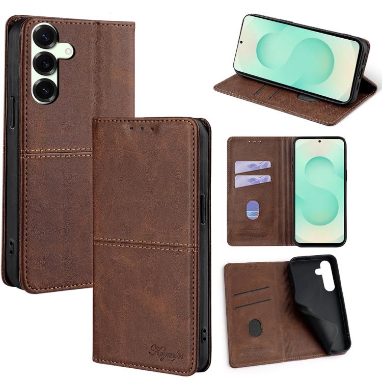 Funda magnética de cuero con textura de vaca para Samsung Galaxy S25+ 5G (marrón oscuro)