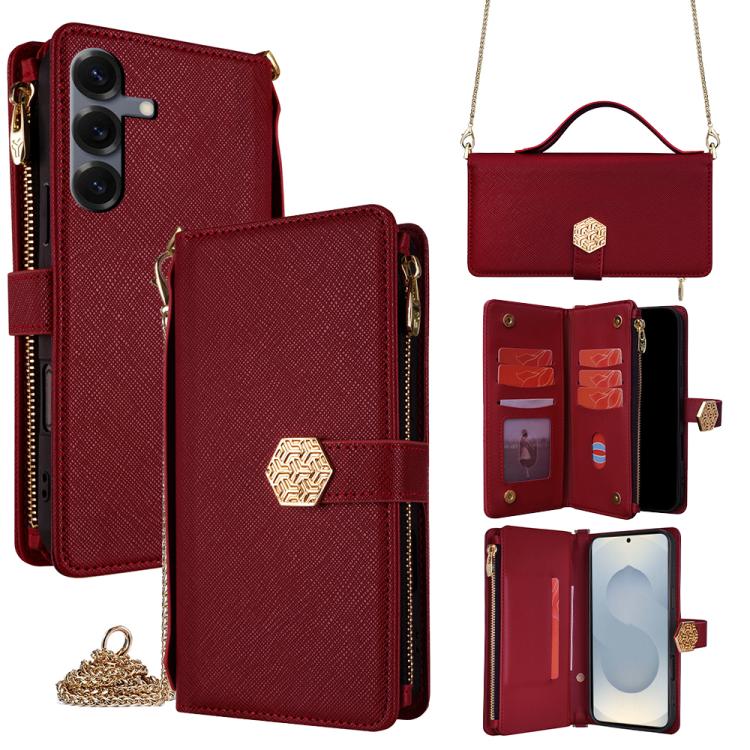Funda de cuero con textura cruzada y asa cruzada para Samsung Galaxy S25 5G (roja)
