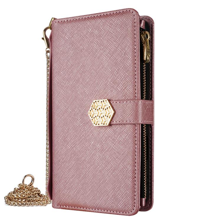 Funda de cuero con textura cruzada y asa cruzada para Samsung Galaxy S25+ 5G (oro rosa)