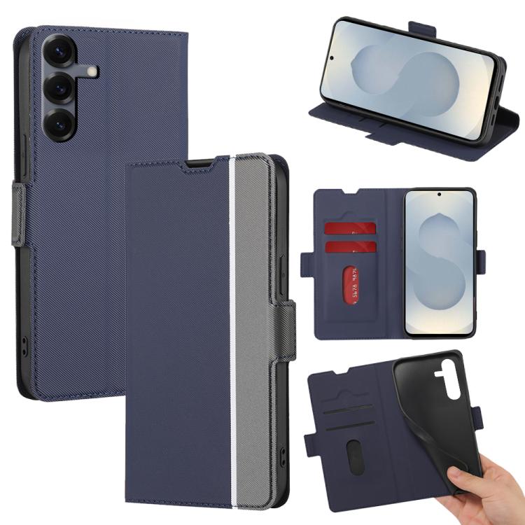 Funda de cuero con textura de sarga y botones laterales para Samsung Galaxy S25 5G (azul)