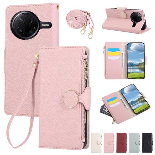 Funda de cuero tipo billetera con hebilla redonda y cremallera para Redmi K80/Poco F7 Pro, con correa cruzada (rosa)