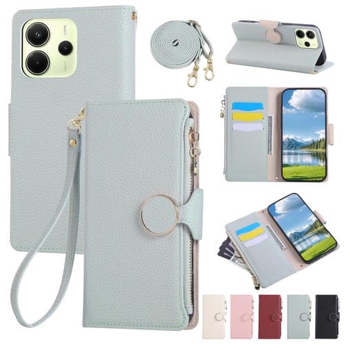 Funda de cuero tipo billetera con hebilla redonda y cremallera de 163,3 mm para Redmi Note 14 4G con correa cruzada (azul cielo)