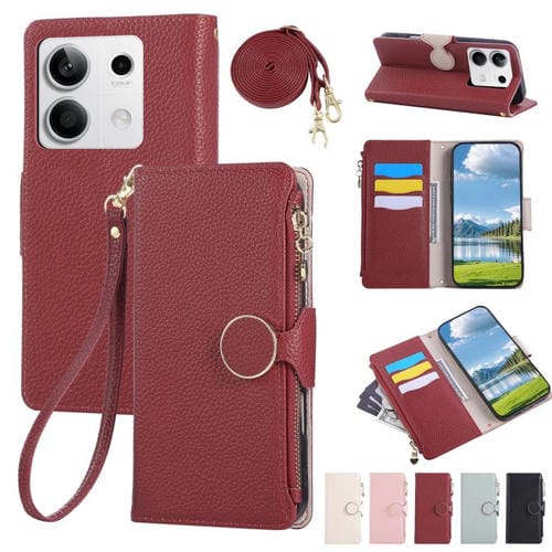 Funda de cuero con hebilla redonda y cremallera para Redmi Note 13 5G, con correa cruzada (roja)
