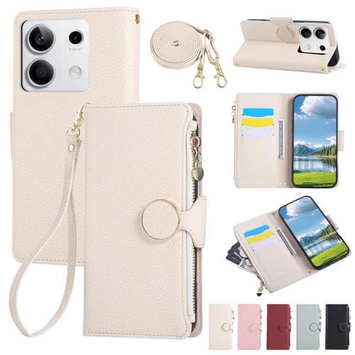 Funda de cuero con hebilla redonda y cremallera para Redmi Note 13 5G, con correa cruzada (blanca)