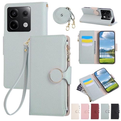 Funda de cuero con hebilla redonda y cremallera para Redmi Note 13 Pro 5G, con correa cruzada (azul cielo)