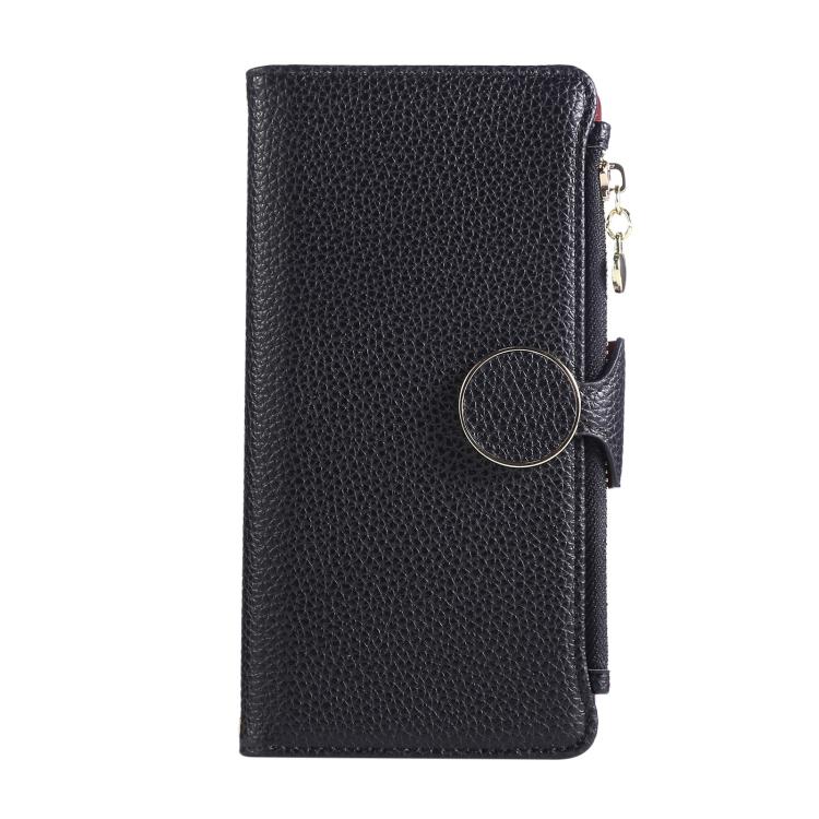 Funda de cuero con hebilla redonda y cremallera para Redmi 13C, con correa cruzada (negra)