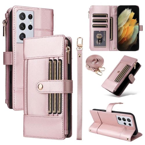 Funda de cuero con cremallera y bloqueo RFID para Samsung Galaxy S21 Ultra 5G (oro rosa)