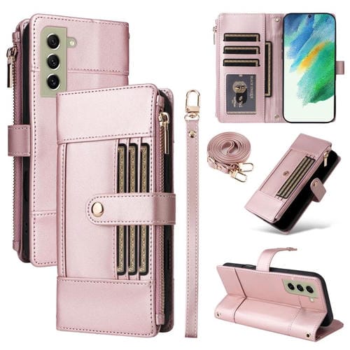 Funda de cuero con cremallera y bloqueo RFID para Samsung Galaxy S22+ 5G (oro rosa)