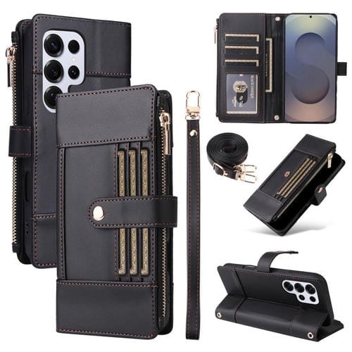 Funda de cuero tipo cartera con cremallera y bloqueo RFID para Samsung Galaxy S25 Ultra 5G (negro)