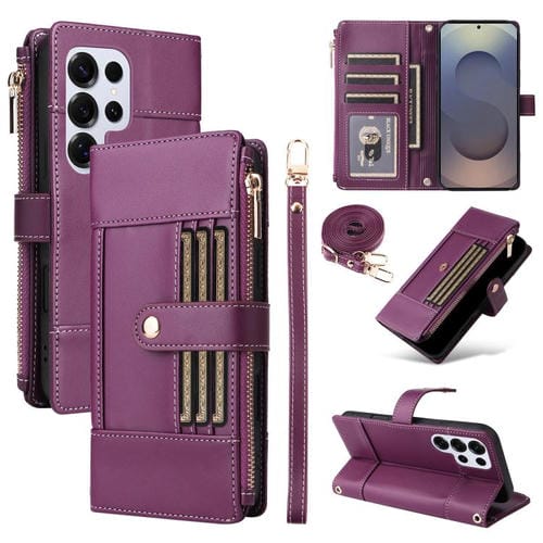 Funda de cuero tipo cartera con cremallera y bloqueo RFID para Samsung Galaxy S25 Ultra 5G (morado)