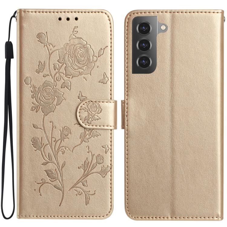 Funda de cuero con estampado de rosas en relieve para Samsung Galaxy S22 5G (dorada)