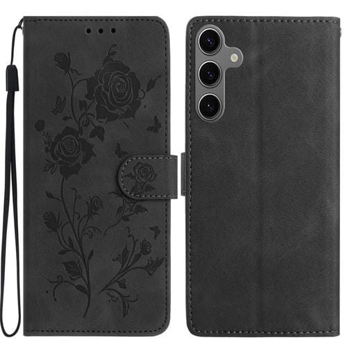 Funda de cuero con estampado de rosas en relieve para Samsung Galaxy S25+ 5G (negra)