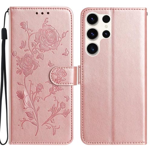 Funda de cuero con estampado floral en relieve para Samsung Galaxy S25 Ultra 5G (oro rosa)