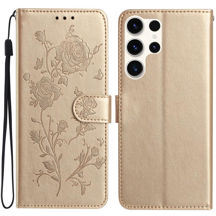 Funda de cuero con estampado de rosas en relieve para Samsung Galaxy S25 Ultra 5G (dorada)