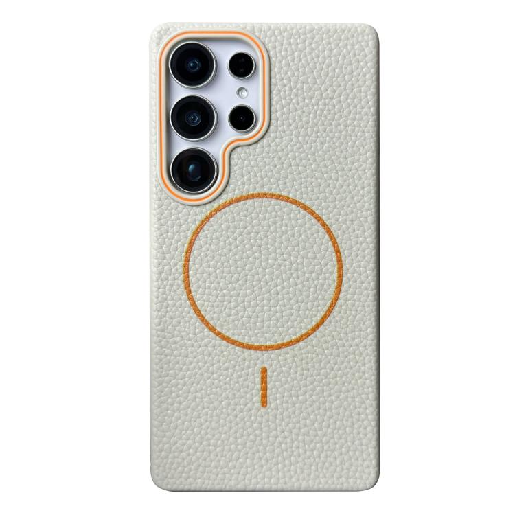 Funda de TPU con textura de lichi MagSafe para Samsung Galaxy S24 Ultra 5G (blanco y naranja)