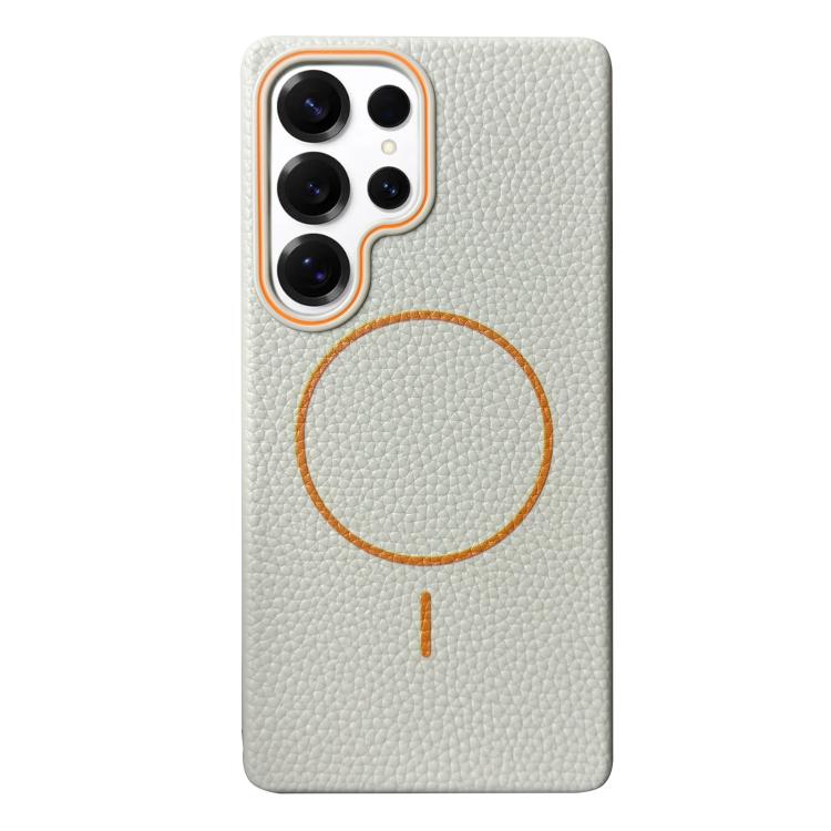 Funda de TPU con textura de lichi MagSafe para Samsung Galaxy S25 Ultra 5G (blanco y naranja)