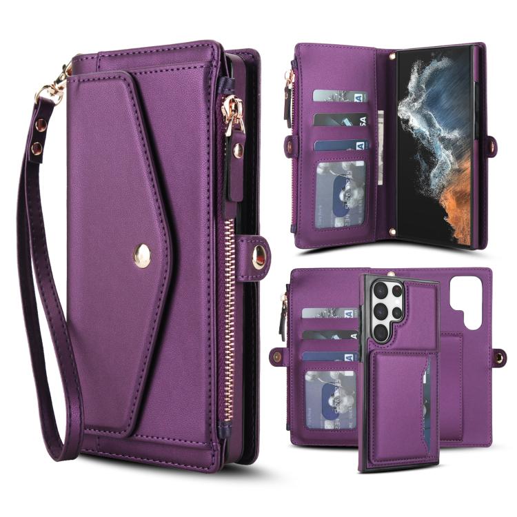Funda de cuero desmontable con cordón para Samsung Galaxy S22 Ultra 5G (morado oscuro)