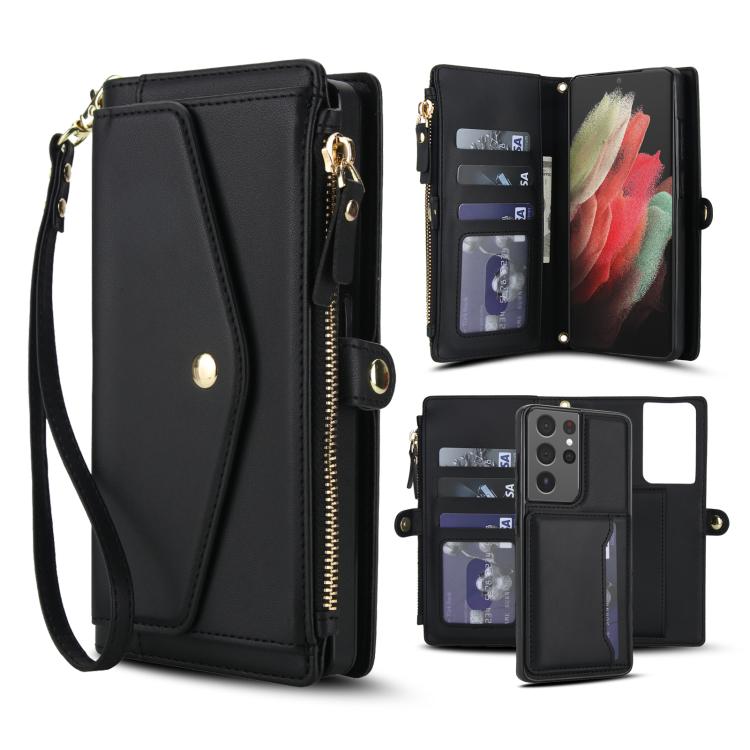 Funda de cuero desmontable con cordón para Samsung Galaxy S21 Ultra 5G (negro)