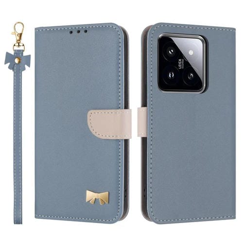 Funda de cuero con lazo metálico y correa para la mano para Xiaomi 14 (azul claro)