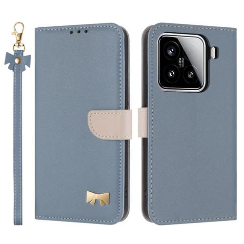 Funda de cuero con lazo metálico y correa para la mano para Xiaomi 15 (azul claro)
