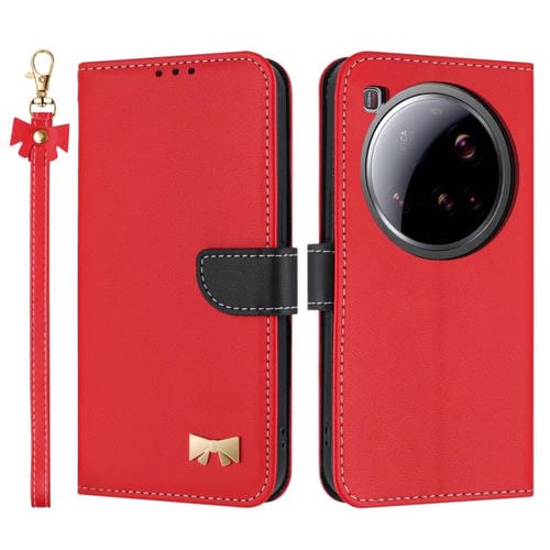 Funda de cuero con lazo metálico y correa de mano para Xiaomi 15 Ultra (roja)