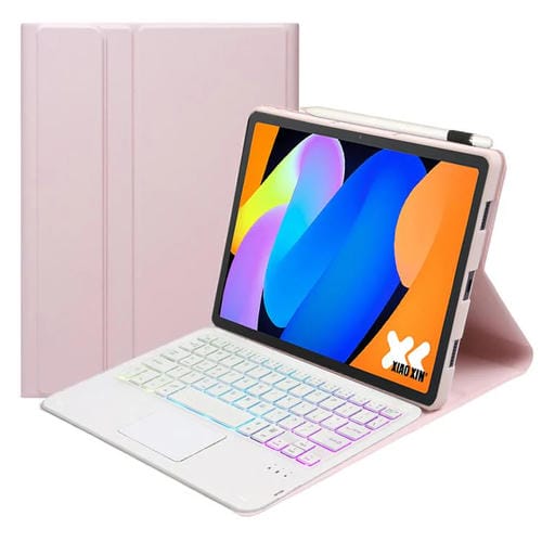 Funda ultrafina de cuero con teclado Bluetooth, retroiluminación desmontable y panel táctil para Lenovo Xiaoxin Pad 11 2025 AM31-AS (rosa y blanco)
