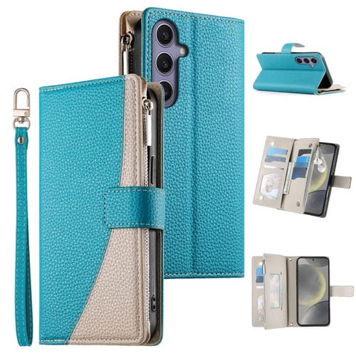 Funda de cuero con cremallera para Samsung Galaxy S24+ 5G / S25+ 5G, con costuras, múltiples tarjetas y correa corta (azul)