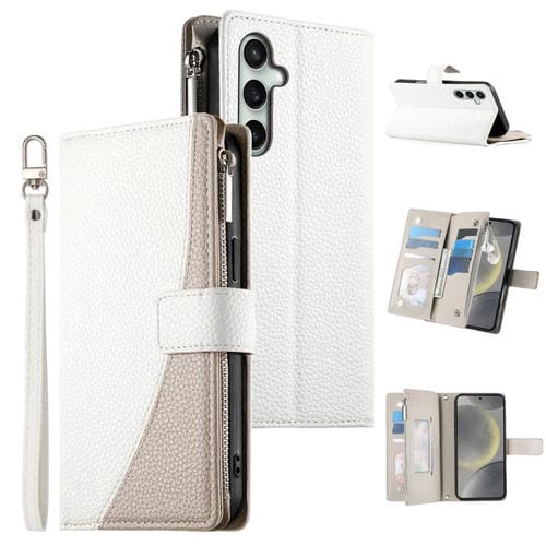 Funda de cuero tipo billetera con cremallera para Samsung Galaxy S24 FE 5G, con costuras, múltiples tarjetas y correa corta (blanca)