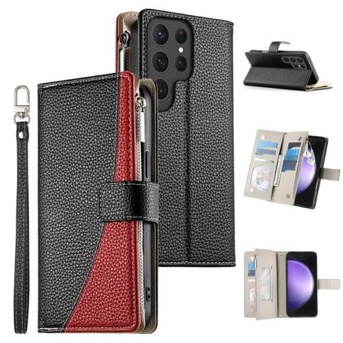 Funda de cuero tipo billetera con cremallera y múltiples tarjetas para Samsung Galaxy S23 Ultra 5G, con costuras y correa corta (negra)