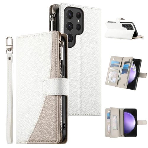 Funda de cuero tipo billetera con cremallera para Samsung Galaxy S23 Ultra 5G, con costuras, múltiples tarjetas y correa corta (blanca)