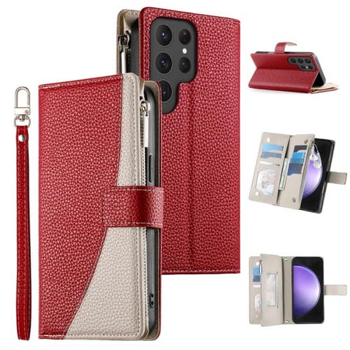 Funda de cuero tipo billetera con cremallera para Samsung Galaxy S23 Ultra 5G, con costuras, múltiples tarjetas y correa corta (roja)