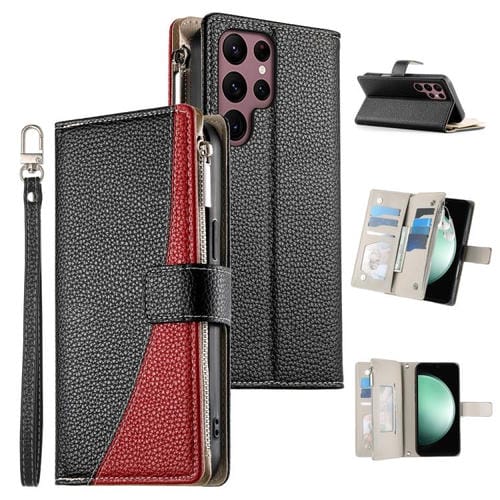 Funda de cuero tipo billetera con cremallera para Samsung Galaxy S22 Ultra 5G, con costuras, múltiples tarjetas y correa corta (negra)