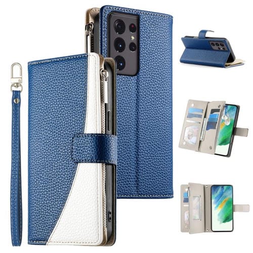 Funda de cuero con cremallera para Samsung Galaxy S21 Ultra 5G, con costuras, para múltiples tarjetas y correa corta (azul oscuro)