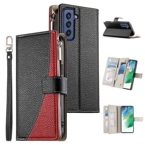 Funda de cuero con cremallera para Samsung Galaxy S21 FE 5G, con costuras, múltiples tarjetas y correa corta (negra)