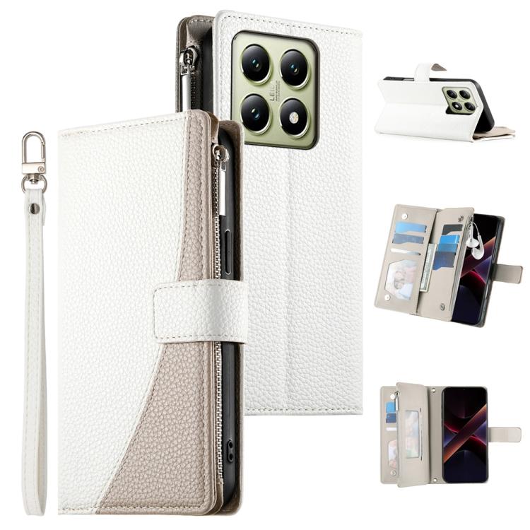 Funda de cuero con cremallera para Xiaomi 14T, con mĂșltiples tarjetas y costuras, con correa corta (blanca)