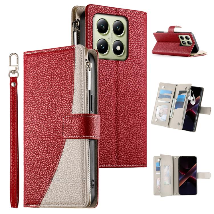 Funda de cuero con cremallera para Xiaomi 14T, con mĂșltiples tarjetas y costuras, con correa corta (roja)