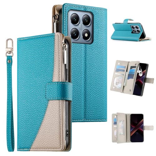Funda de cuero con cremallera para Xiaomi 14T Pro, con mĂșltiples tarjetas y costuras, con correa corta (azul)