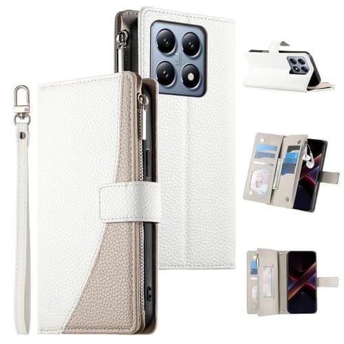 Funda de cuero con cremallera para Xiaomi 14T Pro, con múltiples tarjetas y costuras, con correa corta (blanca)