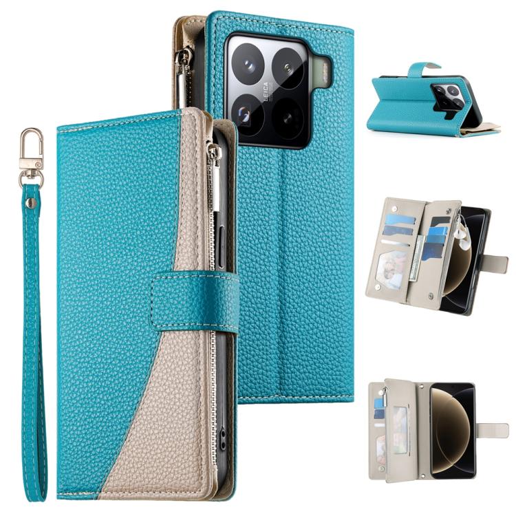 Funda de cuero con cremallera para Xiaomi 15 Pro, con mĂșltiples tarjetas y costuras, con correa corta (azul)